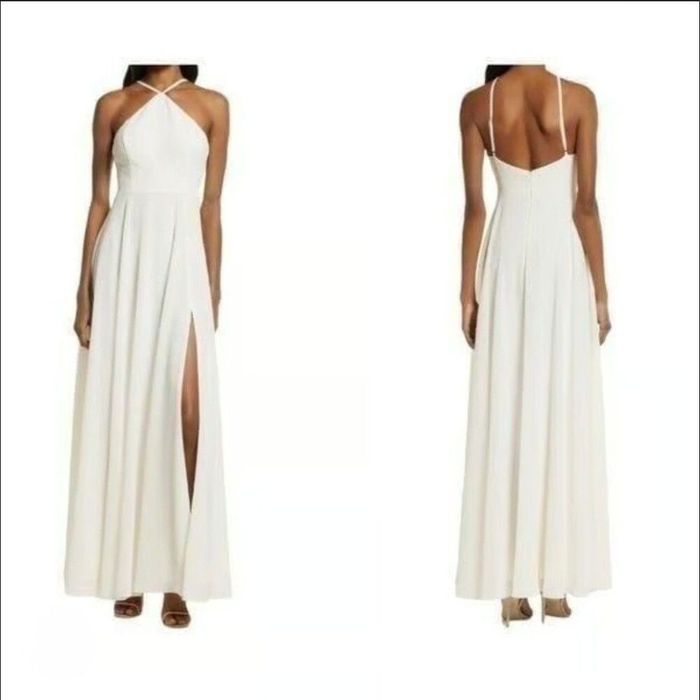 Lulus Absolutely Breathtaking Maxi Dress Womens Medium White Halter Front Slit